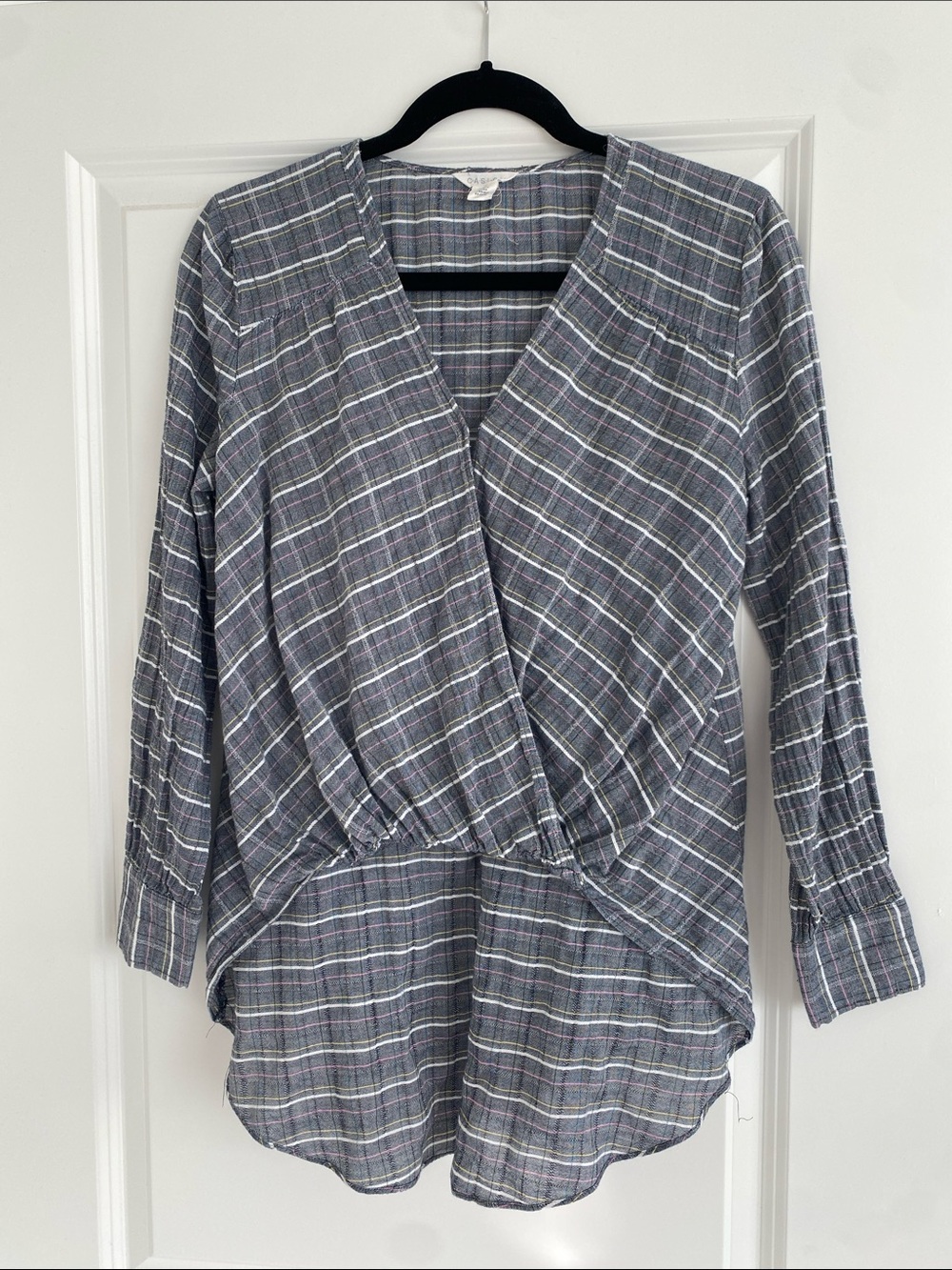 Caslon Gray Plaid Faux-Wrap Blouse